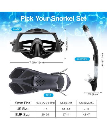 Tongtai Mask Fin Snorkel Set - Panoramic View Diving Gear for Adults & Kids - with Travel Bags - Professional Snorkel for Lap Swimming - Black ML/XL (9-13) - Buy Online on SooperMarket.com