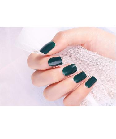 24PCs Square Press on Nails Short Falled Nails Shiny Full Covering wrong artificial acrylic nails for women and girls dark green