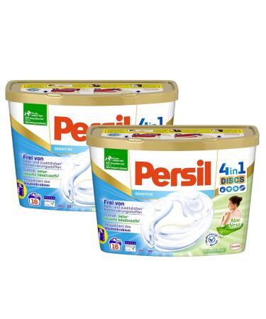 Persil Sensitive 4in1 Discs 32 (2 x 16) Wash loads ecarn-certified sensitive detergent for allergy sufferers and babies with aloe vera effectively from 20 C to 95 C 2x 400 g 16 wash loads (2 pack)