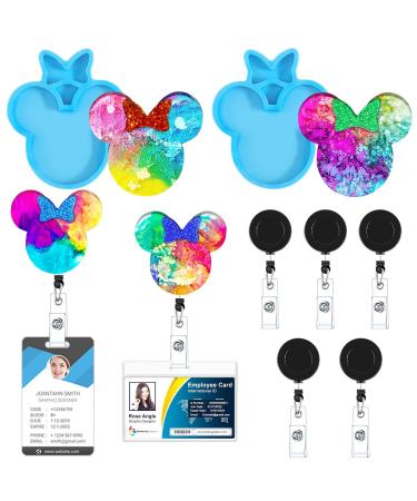 Juome Resin Molds Badge Reels, 2 Pcs Mouse Head Bow Silicone Molds for Epoxy Resin Casting with 5 Pcs Retractable Badges Clips, DIY Crafts Badge Holder Making