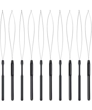 10 Pieces Hair Extension Loop Needle Threader Pulling Hook Tool and Bead Device Tool Black Loop Threader for Hair or Feather Extensions (Black)