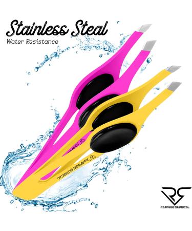 Professional Stainless Steel Slant Tip Eyebrow Tweezers Set | Non-Slip Grip for Ingrown Hair Removal | Yellow & Pink | 2 3xPcs Set - Buy Online on SooperMarket.com