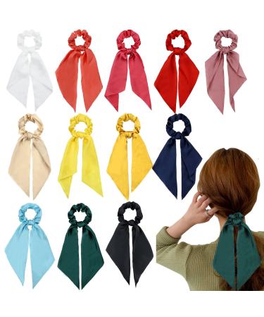 12 Pack Colorful Solid Satin Long Ribbon Hair Bows for Girls Scrunchies Hair Ties for Thick Hair Ponytail Holders Headbands Elastics Rubber Hairbands Bubbles Rings 90s Hair Accessories for Women