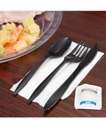 50 Plastic Cutlery Packets - Disposable Utensil Sets with Napkin, Salt & Pepper | Black Plastic Silverware Kits Individually Wrapped - Bulk Pack - Buy Online on SooperMarket.com