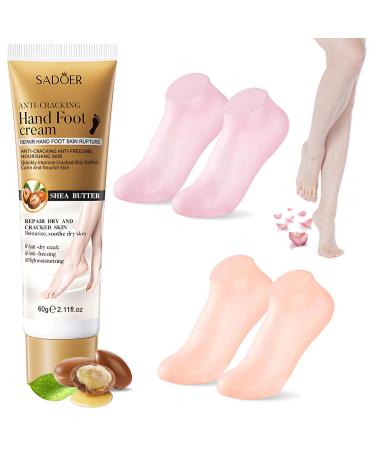 Silicone socks for feet anti-slip 4 pieces of moisturizing socks+60g foot cream cornea silicone socks corneal remover socks foot mask socks care for cracked and rough skin skin color+pink