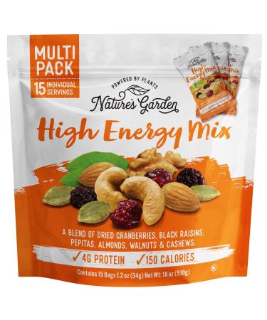 Nature's Garden High Energy Mix, Deluxe Mixed Nuts, Energy Boost, High Energy Trail Mix, Cranberries, Raisins, Almonds, Walnuts, Cholesterol Free, Sodium Free, No Artificial Ingredients  1.2 Oz Bags (15 Individual Servings)