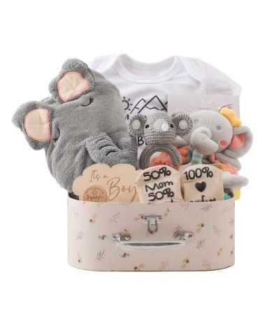 Celebrity babe baby gift set newborn gift for birth baby party bathing towel milestone baby blanket romper socks baby wood crocheted gripping ratta toy photo requists (for boy)