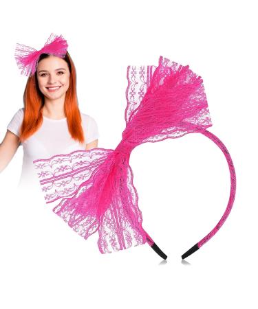 Neon Lace Bow Hairband 1980s Pink Headband Hairband Hair Accessories Lace Headbands Pink Accessories For Women Girls Mardi Gras Christmas Cosplay