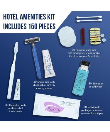 Travel Size Toiletries Kit | All-In-One Hotel Amenities Bulk Pack | Includes Shaving Set, Toothbrush, Mouthwash, Makeup Wipes, Swabs, Nail File, Sewing Kit | 150 Pcs - Buy Online on SooperMarket.com