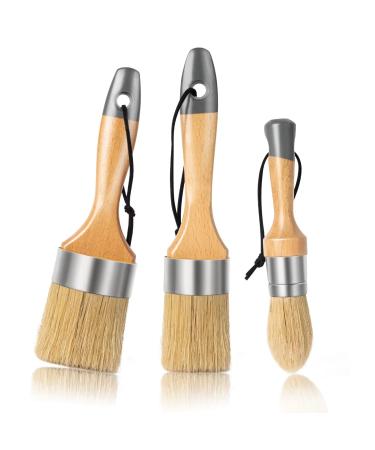Mister Rui Chalk Wax Paint Brush 3 Pcs, Large Wax Brushes for Chalk Paint, Chalk Brushes for Furniture, Acrylic Paint/Milk Paint, Natural Bristles, 1 Small Round Brush and 2 Large Oval Brushes