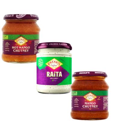 Indian Dips Selection Bundle - with Pataks Sweet Mango Chutney Cool & Minty Raita and Hot & Spicy Mango Chutney - 3 Jars 850g Total