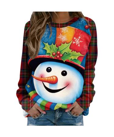 Women's Christmas Sweatshirts Cute Snowman Penguin Print O-Neck Raglan Top Shirt Pullover Comfy Warm Xmas Jumper Winter Long Sleeve Tops Loose Tunic Top Sweaters Sky Blue XL