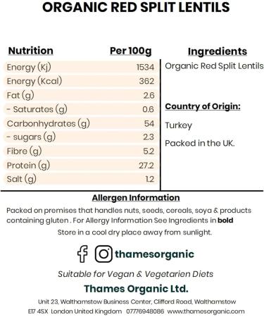 Organic Red Split Lentils - High Fibre High Protein No Additives No Preservatives Raw Vegan GMO-Free Certified Organic - Perfect for Soups Curries - Thames Organic 500g 500 g (Pack of 1) - Buy Online on SooperMarket.com