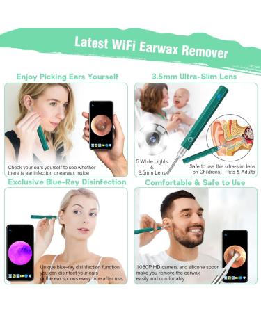 Wireless Otoscope Earwax Removal Kit | 1080P HD WiFi Endoscope Camera for Adults, Kids & Pets | LED Lights | Portable Ear Cleaning Camera - Green - Buy Online on SooperMarket.com