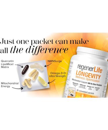 Natural Factors Regenerlife Longevity Wellness Optimization 30 convenient packets All-in-One Daily Packet includes: Mitochondrial Energy NMNSurge Omega-3+D Ultra Strength and Quercetin LiopMicel Matrix Formulated to Support All Aspects of Healthy Aging - Buy Online on SooperMarket.com