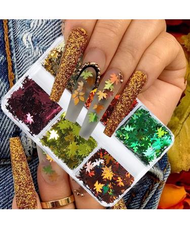 Fall Glitter Nail Sequins Maple Leaf Nail Glitters Flakes Holographic Maple Leaves Nail Glitter Retro Autumn Winter Nail Designs Stickers Decals Nail Decorations Fall Nail Art Tool Accessories 6 Grids 10