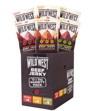 Wild West Beef Jerky - Variety Pack 12 x 35g (4 x Original 4 x Honey BBQ 4 x Jalapeno) Perfect Post Gym Meat Snack Mixed Flavour