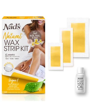 Nad's Wax Strips Kit Natural All Skin Types Wax Hair Removal For Women, 6 Face Wax Strips + 20 Body Wax Strips + 6 Bikini Wax Strips + Post Wax Oil