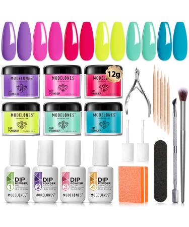 Modelones 22 Pcs Neon Dip Powder Nail Kit Starter  6 Colors LGBT Pride Month Pink Purple Red Summer 12g Dipping Powder System Essential Liquid Set with Base&Top Coat Activator Nail Tools French Nail Art Manicure All-in-O...