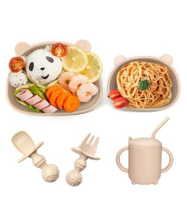 Baby Weaning Set BPA Free Baby Feeding Set Suction Bowl Plate Spoon Cup Set Silicone Baby Self Feeding Food Grade Non Slip Easy Clean Toddler Tableware Set 5 Pieces Beige