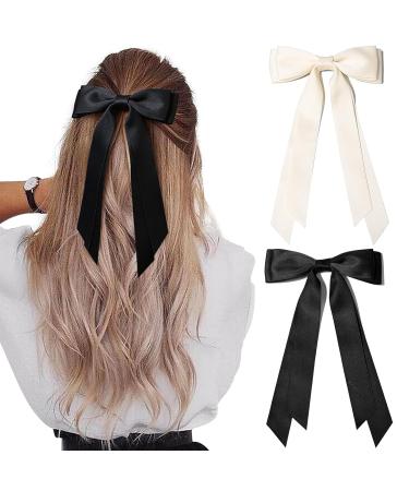 2PCS Silky Satin Hair Bows Hair Clip Black Hair Ribbon Ponytail Holder Accessories Slides Metal Clips Hair Bow for Women Girls Toddlers Teens Kids (Beige+Black)