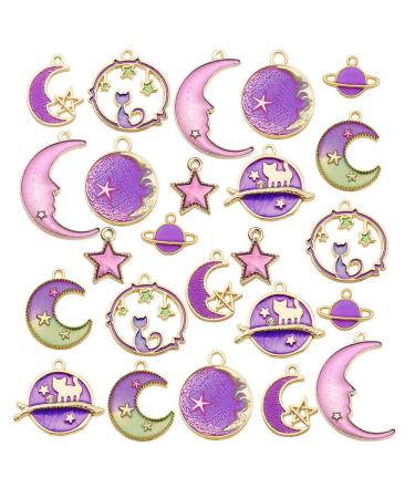 24 Pcs Assorted Gold Plated Enamel Cat Moon Star Celestial Charm Pendant DIY for Earrings Necklace Bracelet Jewelry Making and Crafting (M582-Purple)