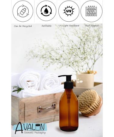 Avalon Amber Glass Bottles 250ml 8oz Soap Dispenser with Black Pumps (BPA-Free) Lotion Pump/Soap Dispensers Reusable Refillable Eco Friendly Sustainable Living/Gift - Pack of 2 - Buy Online on SooperMarket.com