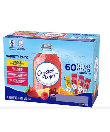 Crystal Light Sugar-Free Drink Mix Variety Pack - 60 Count On-The-Go Singles, Lemonade, Fruit Punch, Raspberry Lemonade & Wild Strawberry - Dissolves in 16.9 oz. Water - Packaged by TOOZOON - Buy Online on SooperMarket.com