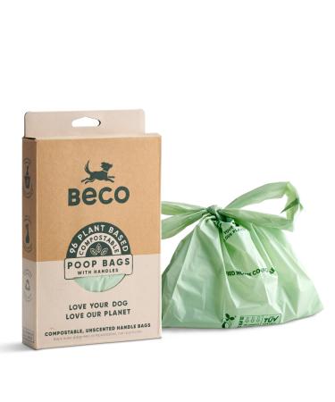 Beco Home Compostable Poop Bags | 96 Bags | Loose Packed With Handles | Unscented Dog Poo Bags Green