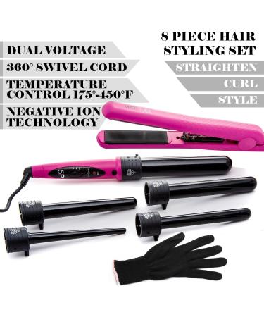 Deluxe Beauty Professional 8 Piece Interchangeable Flat and Curling Iron Set - Instant Hair Straightening and Curling - Pink - Buy Online on SooperMarket.com
