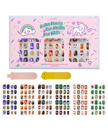 144Pcs Kids Press on Nails Children Girls Press on Short Artificial Fake Nails No fading Stable Quick Stick on Cute Pre Glue Full Cover Acrylic Nail Tip Kit Gift Kids Nail Decoration (Happy Christmas) Stars