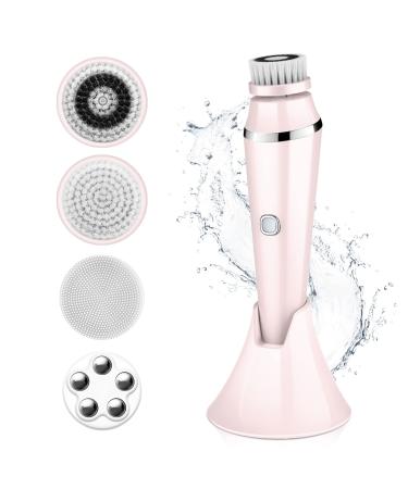 4 in 1 Facial Cleansing Brush - Electric Face Spin Brush with 4 Replacement Heads for Cleaning Exfoliating Massaging (Pink)