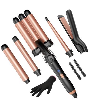 5 in 1 Wand Curling Iron-Kinked Curling Wand Set with Flat Iron Hair Straightener 3 Barrels Hair Crimper 3 Ceramic Curling Irons (0.35"-1.25") 2 Temps Fast Heat Hair Waver Curler with Glove & Clip Rose Gold Curling Iron Set(0.35"-1.25")