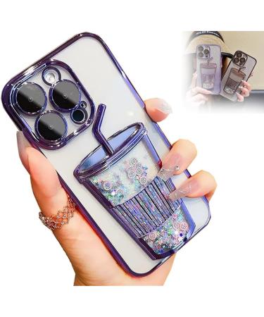 Gradient Glitter Quicksand Milk Tea For Iphone Case 15/14/13/12/11 Pro Max Electroplating Gradient Glitter Milk Tea Phone Case 3d Three-Dimensional Milk Tea Cup Shape (15pro Purple-B) 15pro Purple-B