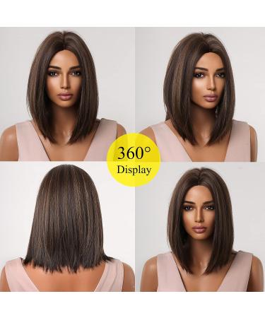 Allbell Brown Bob Wig with Blonde Highlights - Short Straight Synthetic Hair Middle Part for Women - Buy Online on SooperMarket.com