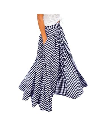 Sanahy Women Mopping Floor Length Big Hem Vintage Plaid Beach High Waist Maxi Skirt Party A-Line Big Hem Long Skirt with Pockets M Blue