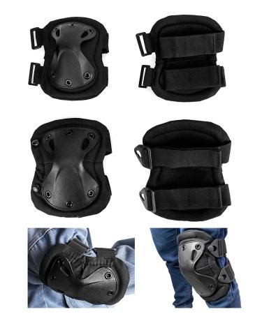 QWORK Military Tactical Multicam Knee and Elbow Pads, Outdoor Sports Safety Gear, Adjustable Shoulder Straps Gel Pads, Black