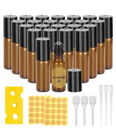 Roll on glass bottles for essential oil 24 pieces of roll on bottle with stainless steel scooter 5ml of empty roller bottles with an opener dripper straw for essential oil perfume cosmetics massage (brown) 24Pack 5ml Brown