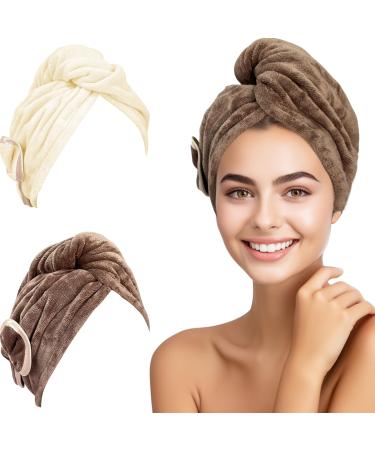 Jseng Microfiber Hair Towel Wrap for Women with Cute Bowtie 2Packs Fast Drying Hair Towel Hair Turbans for Curly Long Wet Hair Turban Cream+brown