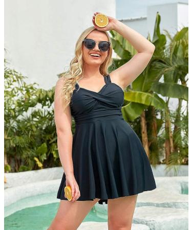 Aqua Eve Plus Size Black Tankini Bathing Suit Set with Flowy Swim Dress - Size 18 - Buy Online on SooperMarket.com