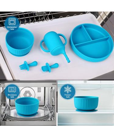 Baby Feeding Set - Silicone Bib, Suction Divided Bowl, Spoon, Fork - Toddler Utensils for Baby Led Weaning - Blue (6 Months) - Buy Online on SooperMarket.com