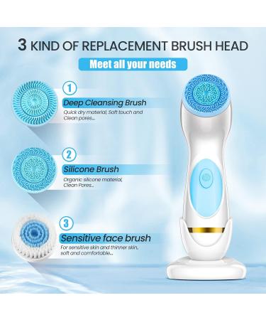 Facial Cleansing Brush Waterproof Deep Cleaning Exfoliation Rotating Spa Machine with 2 Speed Modes Electric Face Brush with 3 Replacement Brush Heads for Women (Blue) - Buy Online on SooperMarket.com