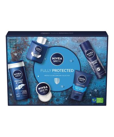 NIVEA MEN Fully Protected Gift Set (5 Pieces) Men's Toiletry Gift Set Includes Shower Gel Face Wash Moisturising Cream After Shave Balm and Anti-Perspirant