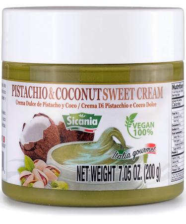 SICANIA Pistachio and Coconut Vegan Sweet Cream - 100% Italian Made Non-GMO Dairy-Free Gluten-Free Palm Oil-Free Lactose-Free Sugar-Free - Ideal for Pastries Desserts Sandwiches Pancakes Waffles Toasts and Crackers - 200Gr