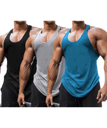 Babioboa men's tank top 3 Pack Gym Muskelshirt Workout Tankshirt Fitness sleeveless Functional shirt Stringer armpit shirt black+gray+peacock blue L