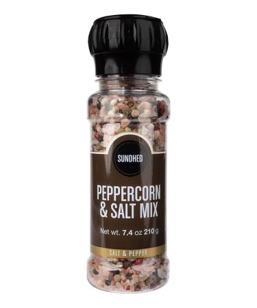 Sundhed Pink Himalayan Salt and Mixed Peppercorn Medley in Grinder | Rainbow Pepper Blend (Black, White, Pink, Green Peppercorns) | 210 Grams (7.40 oz) | Natural and Kosher Certified