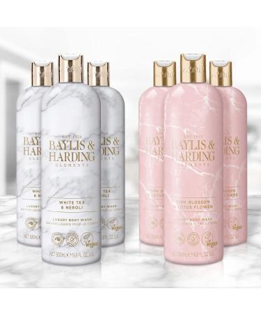 Baylis & Harding Elements Body Wash Bundle - White Tea & Neroli, Pink Blossom & Lotus Flower - 6 x 500ml Bottles - Vegan Friendly - Buy Online on SooperMarket.com