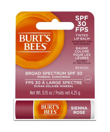 Burt s Bees Tinted Lip Balm SPF 30 100% Natural Origin Mineral Sunscreen Sienna Rose Mother's Day Gift 1 Tube in Blister Box
