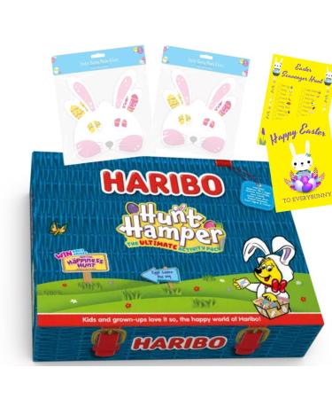 Easter Hamper for Kids - Haribo Hunt Hamper and Easter Bunny Masks 8 Pieces - 20x Haribo Eggs Galore Easter Sweets Baskets and Activities - Easter Egg Hunt Accessories Easter Gift for Kids