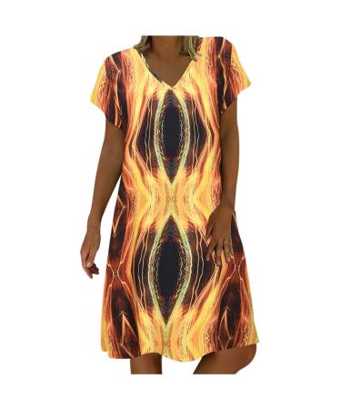 BOXIACEY Womens Dresses Casual Geometric Print Summer Dresses Short Sleeve T Shirts Dress V Neck Knee Length Maternity Dress X-Large Yellow